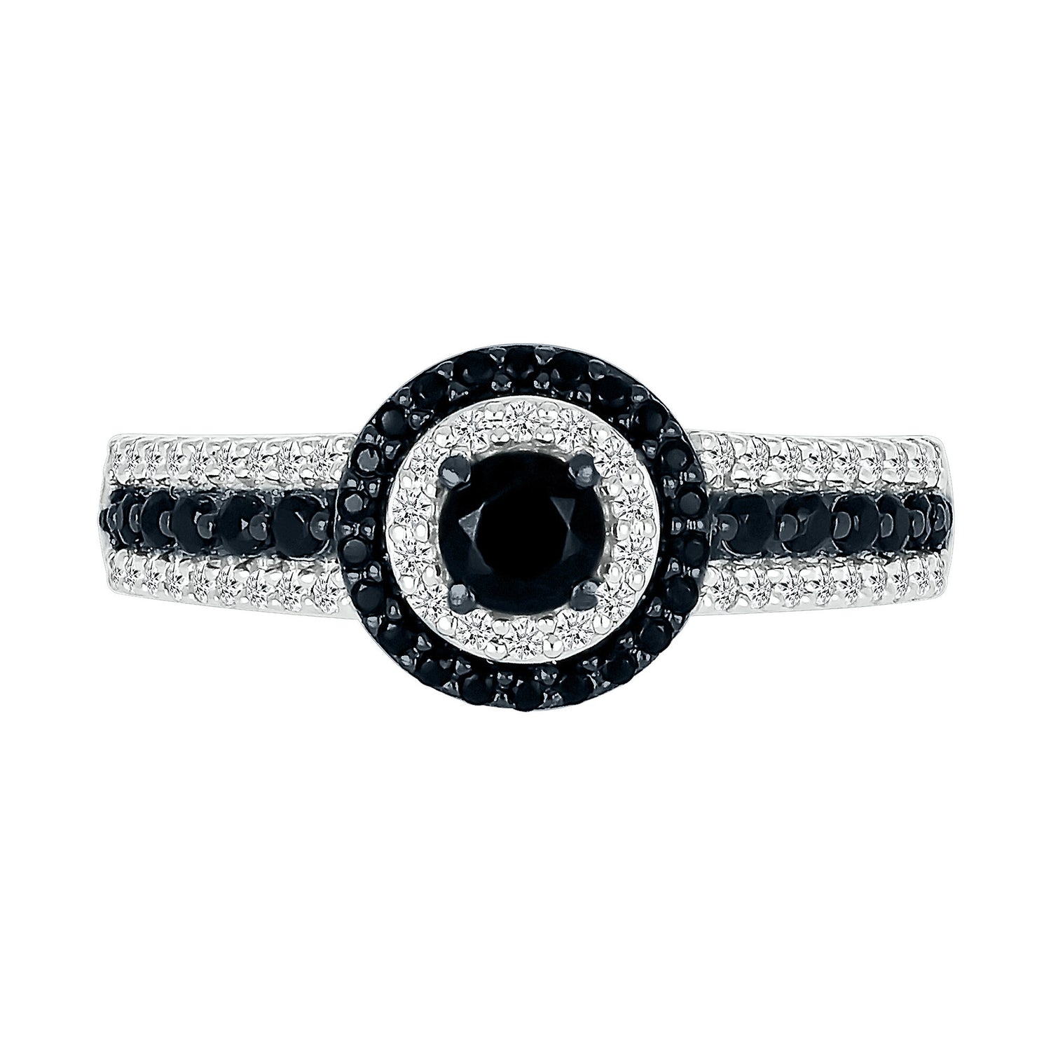 Black and White Diamond Double Halo Ring in 10K White Gold (3/4 ct. tw.)