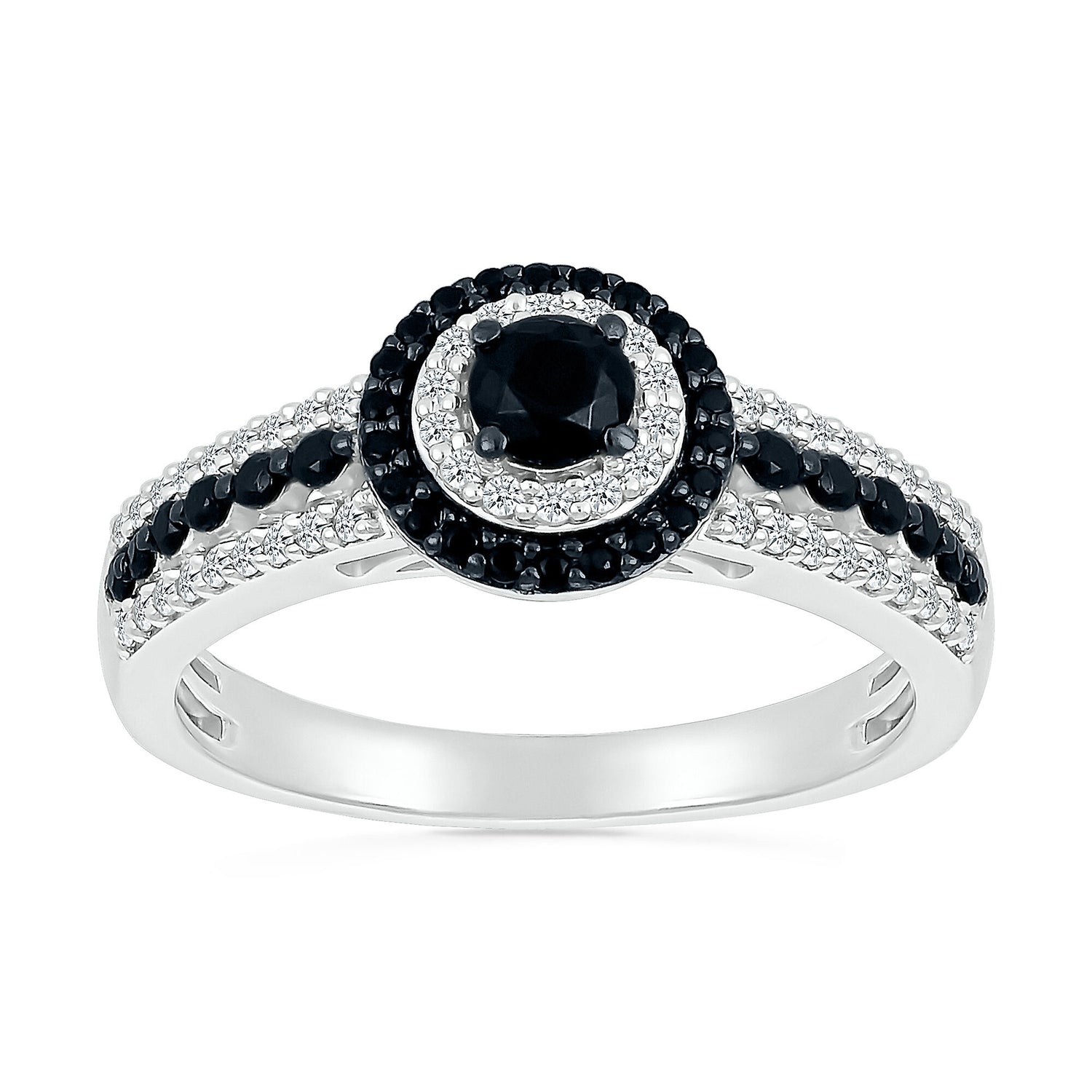 Black and White Diamond Double Halo Ring in 10K White Gold (3/4 ct. tw.)