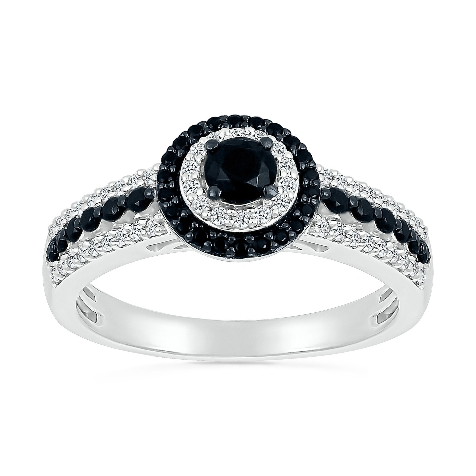 Black and White Diamond Double Halo Ring in 10K White Gold (3/4 ct. tw.)