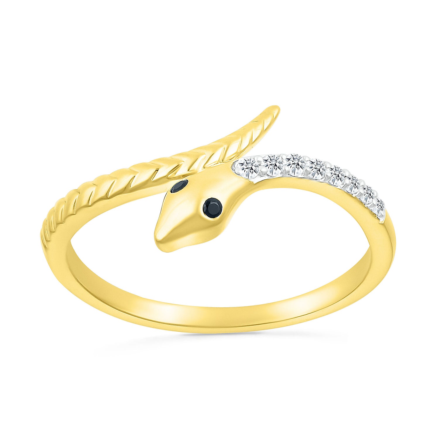 Black and White Diamond Accent Snake Ring in 10K Yellow Gold
