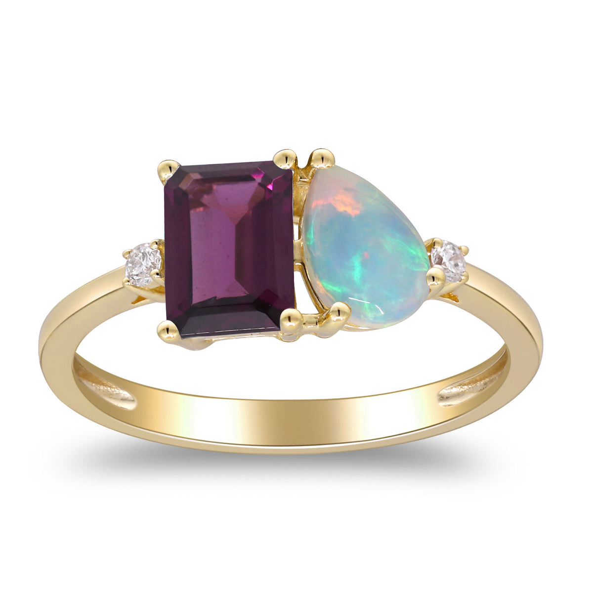 Opal, Rhodolite and Diamond Accent Toi et Moi Ring in 10K Yellow Gold
