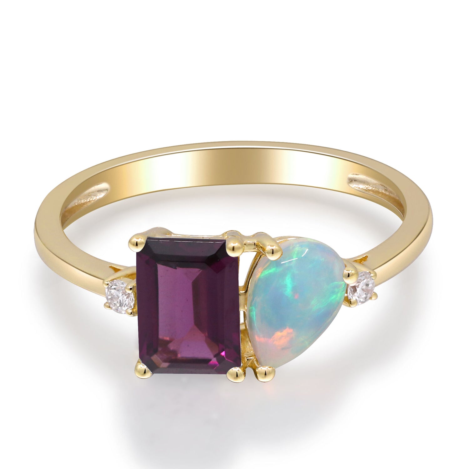 Opal, Rhodolite and Diamond Accent Toi et Moi Ring in 10K Yellow Gold