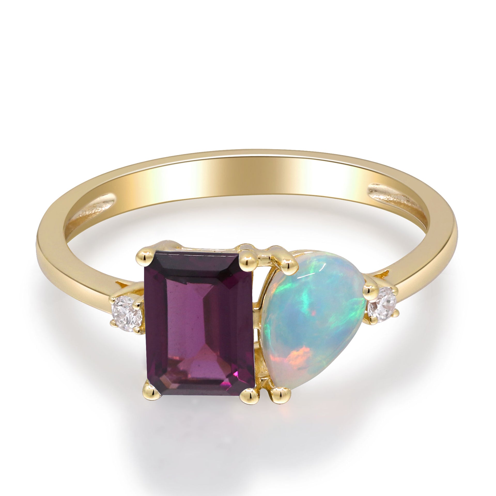 Opal, Rhodolite and Diamond Accent Toi et Moi Ring in 10K Yellow Gold