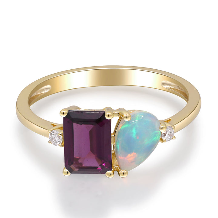 Opal, Rhodolite and Diamond Accent Toi et Moi Ring in 10K Yellow Gold