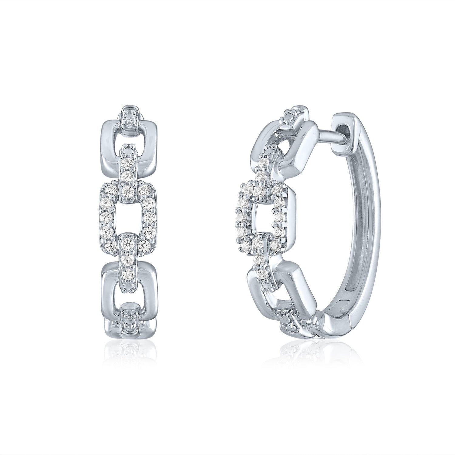 Chain Link Hoop Earrings with Diamond Accents in Sterling Silver