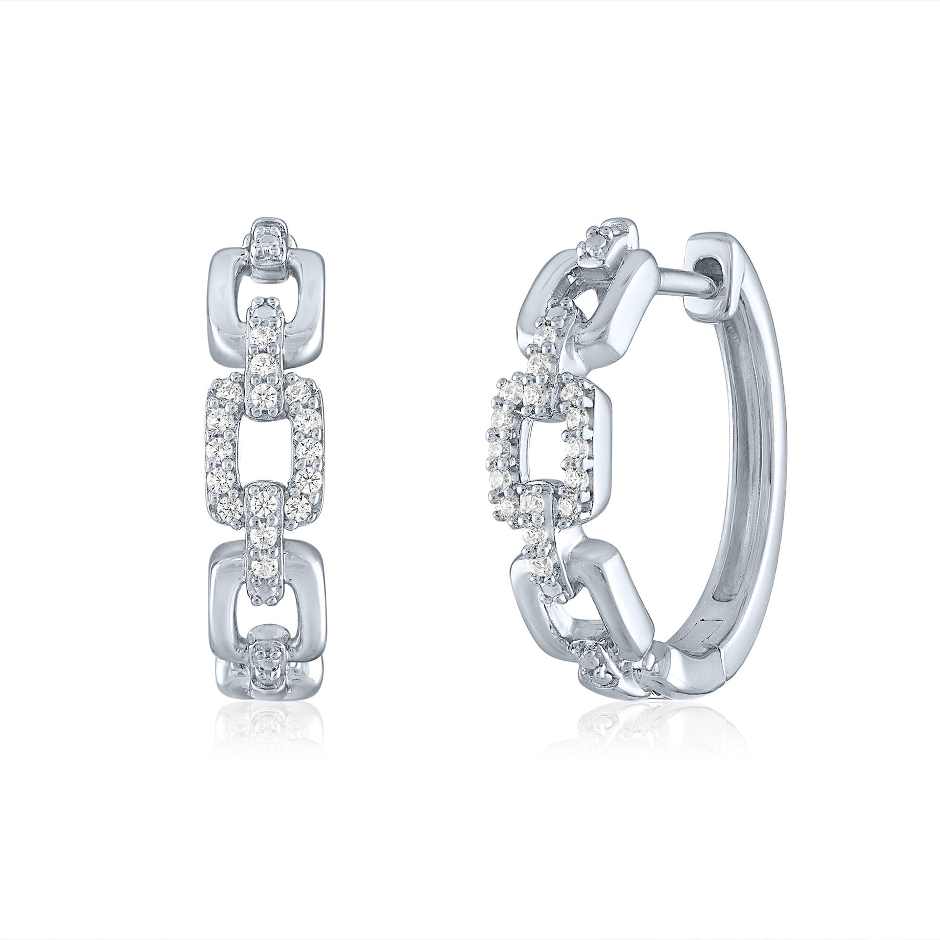 Chain Link Hoop Earrings with Diamond Accents in Sterling Silver