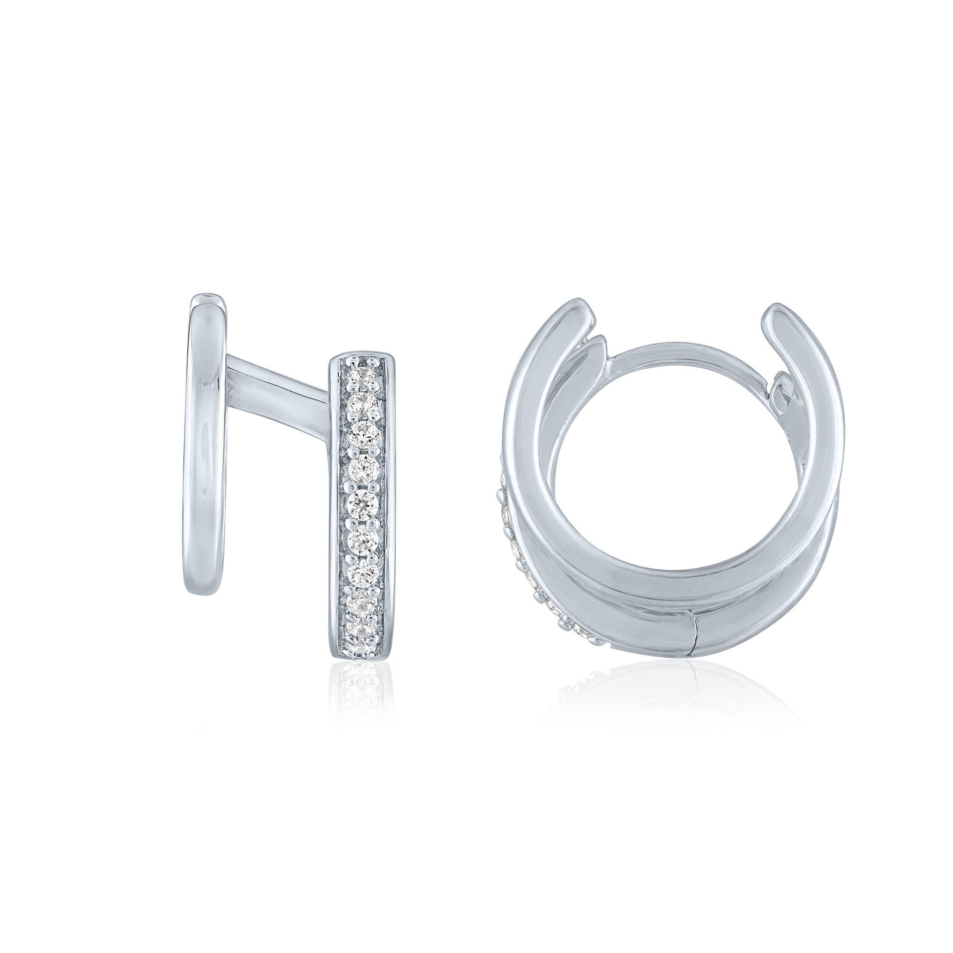 Double Hoop Huggie Earrings with Diamond Accents in Sterling Silver