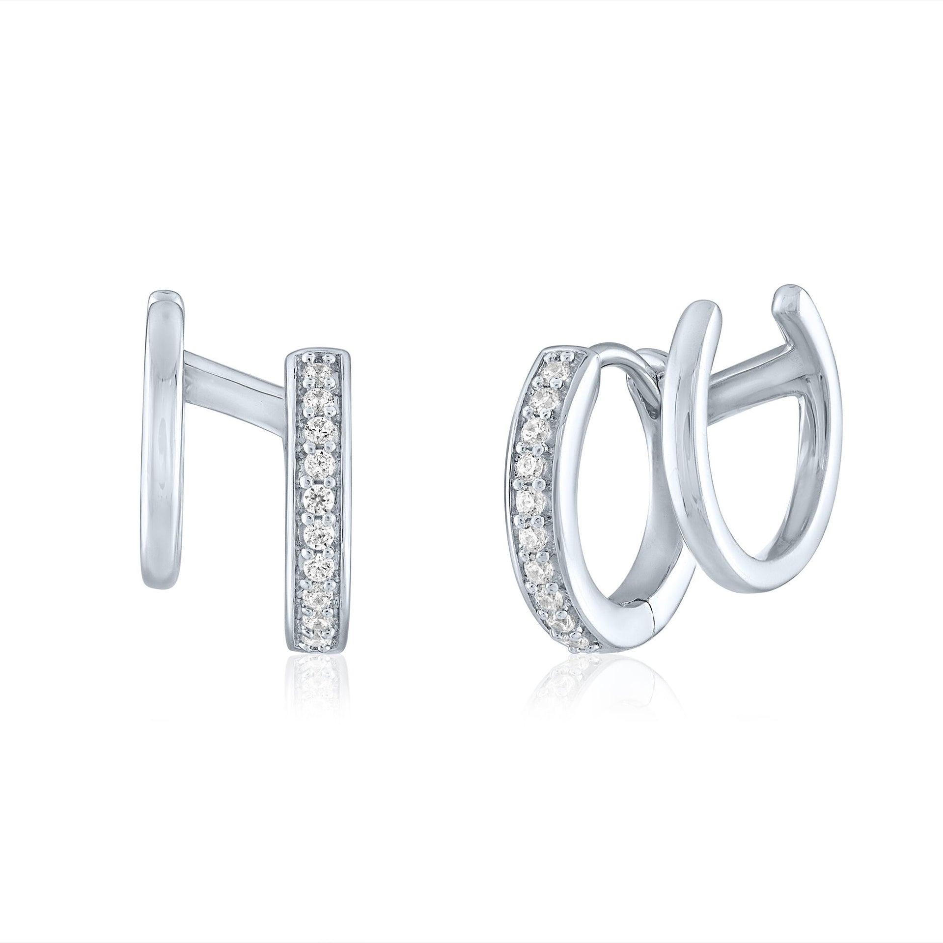 Double Hoop Huggie Earrings with Diamond Accents in Sterling Silver