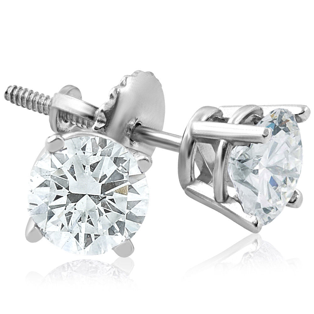 Screw Back 1ct Diamond Studs 14k White Gold Clarity Enhanced