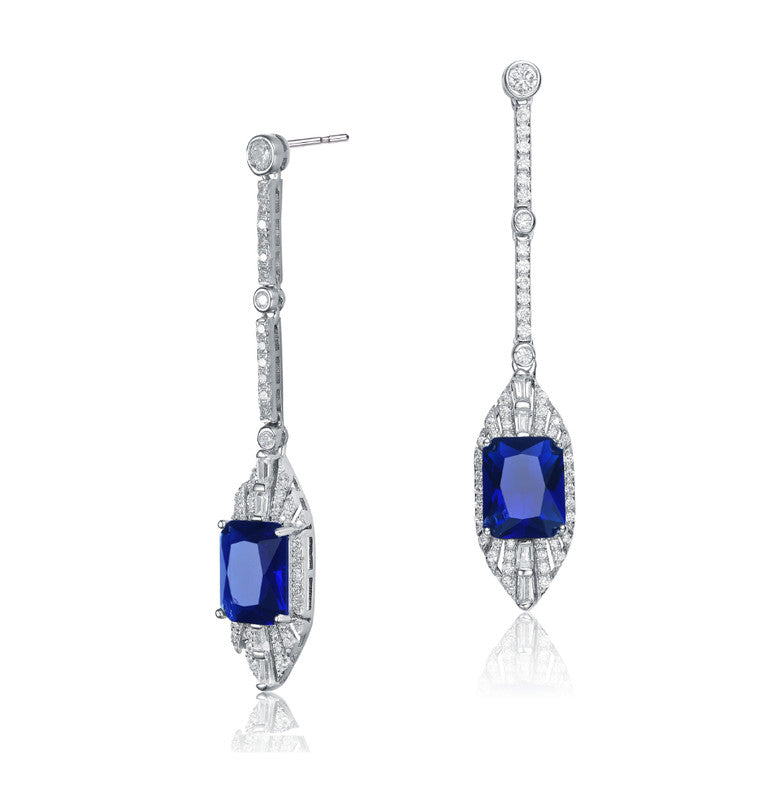 Sterling Silver With Rhodium Plated Sapphire Cubic Zirconia Drop Earrings