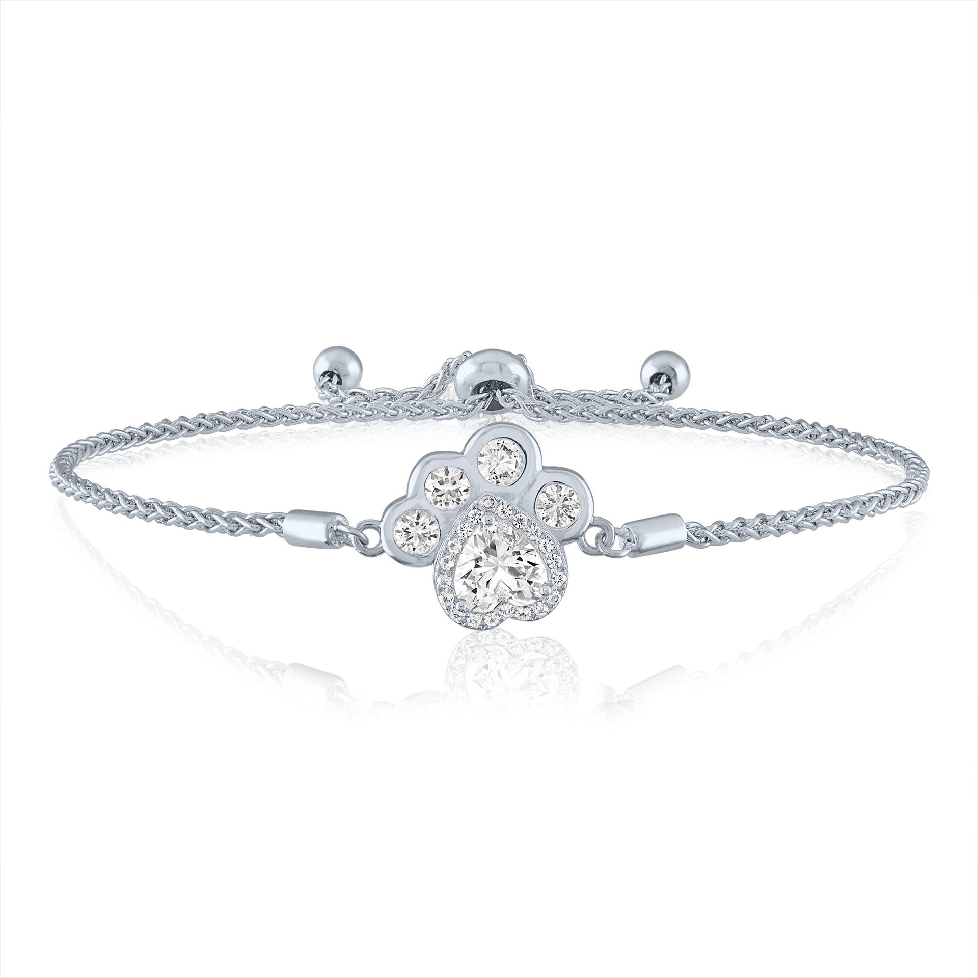 Lab-Created White Sapphire Dog Paw Bolo Bracelet in Sterling Silver