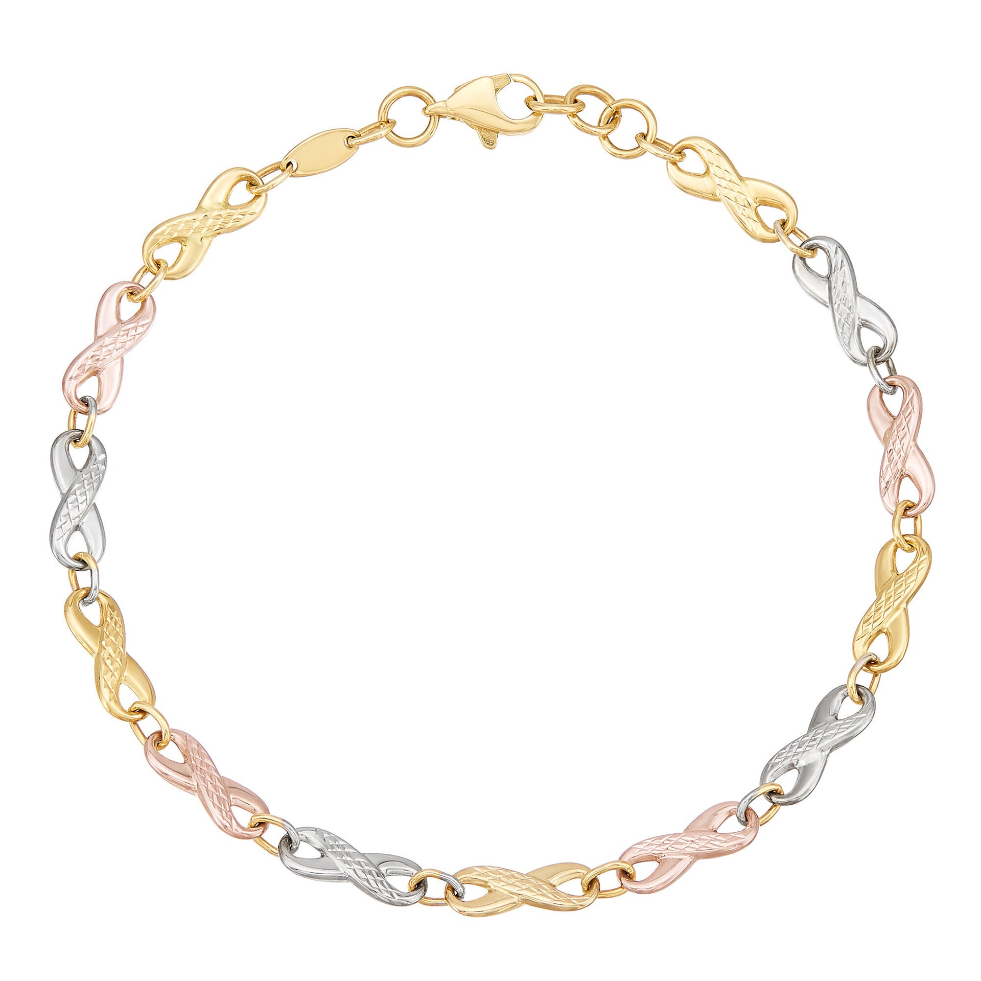 Infinity Link Bracelet in 14K Yellow, White and Rose Gold, 7.5"