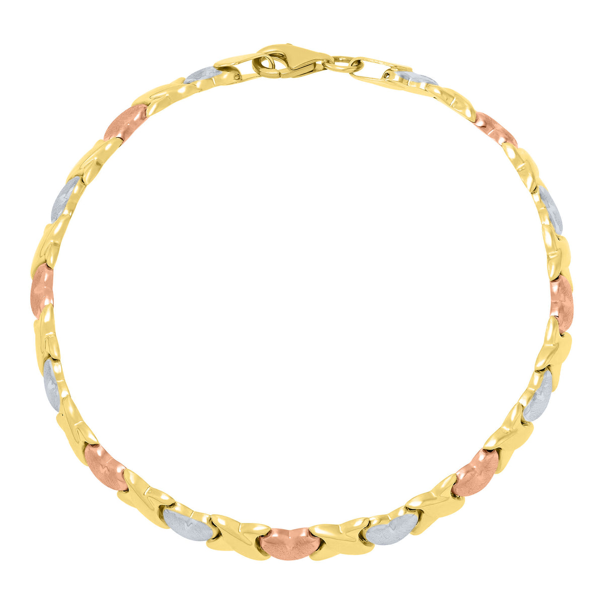 Hugs and Kisses Bracelet in 10K Yellow, White and Rose Gold, 7.25"