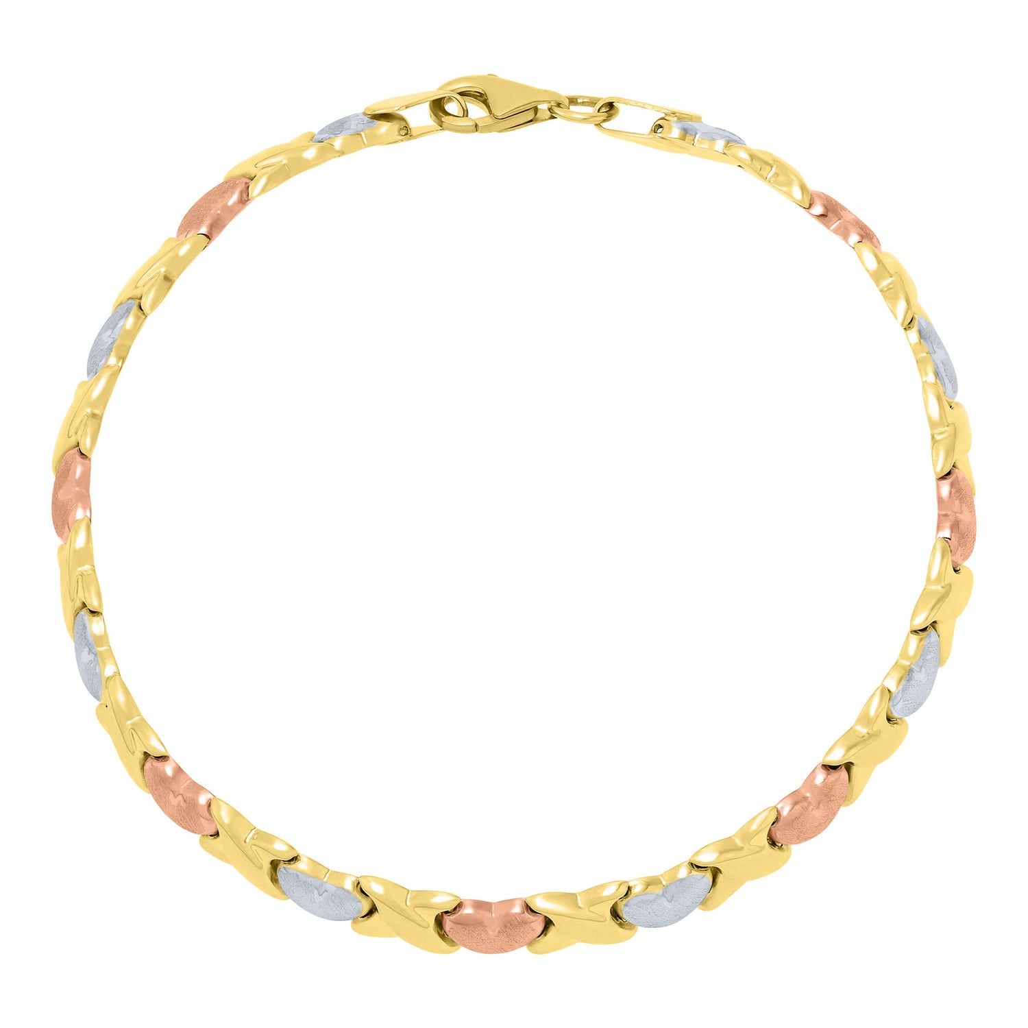 Hugs and Kisses Bracelet in 10K Yellow, White and Rose Gold, 7.25"
