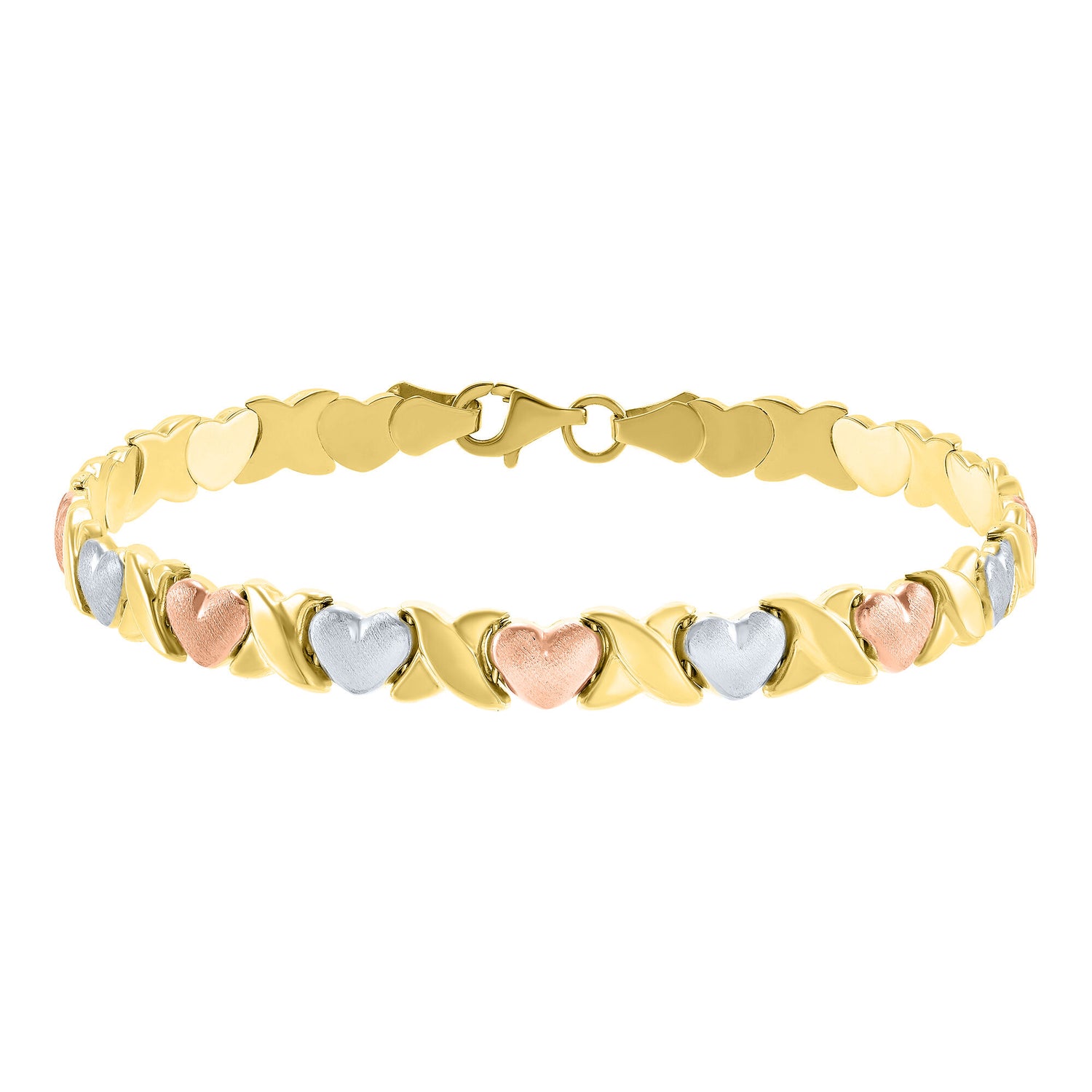 Hugs and Kisses Bracelet in 10K Yellow, White and Rose Gold, 7.25"