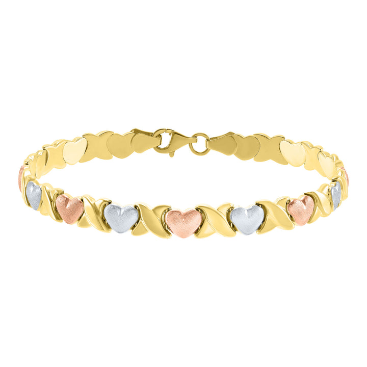 Hugs and Kisses Bracelet in 10K Yellow, White and Rose Gold, 7.25"