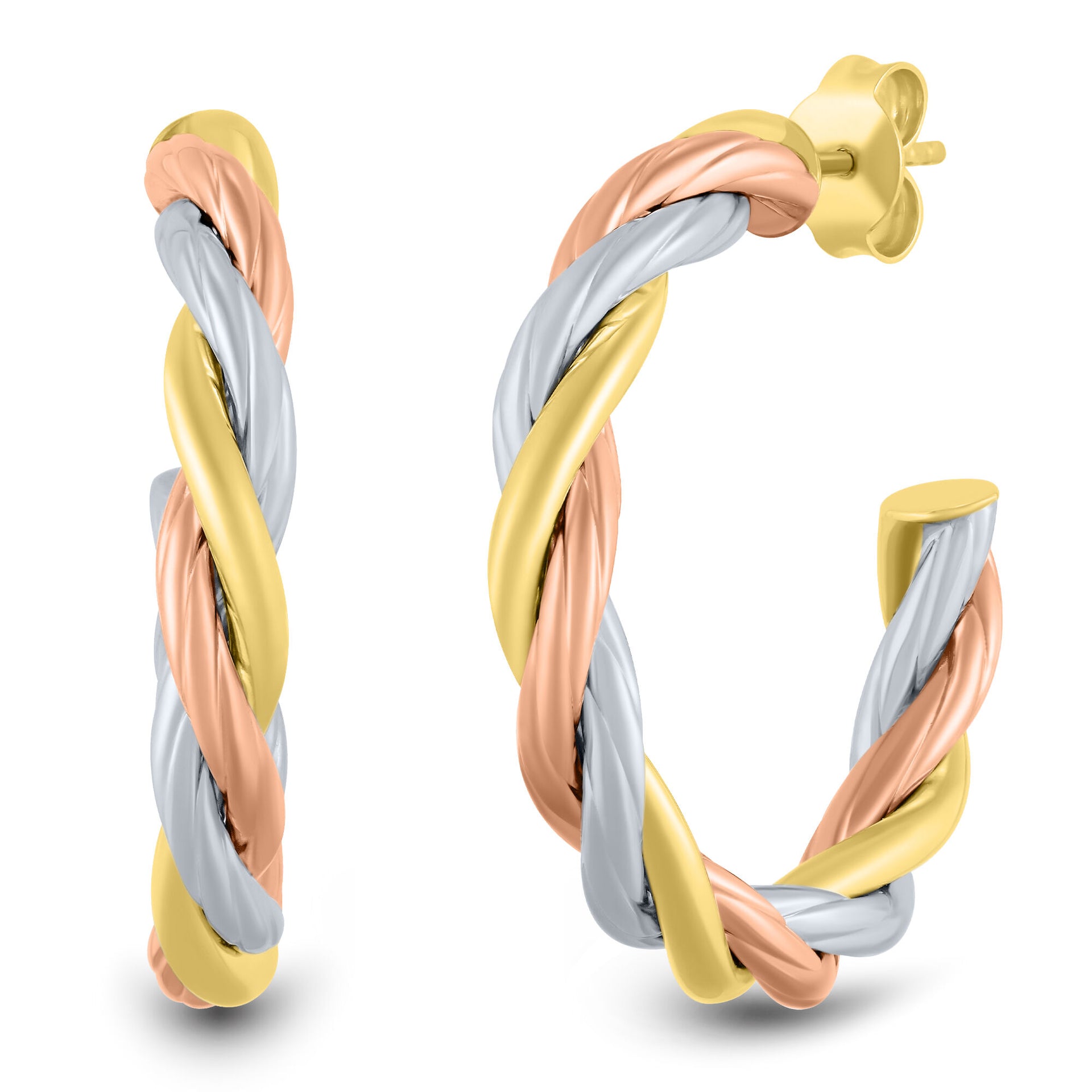 Twisted J-Hoop Earrings in 14K Yellow, White and Rose Gold