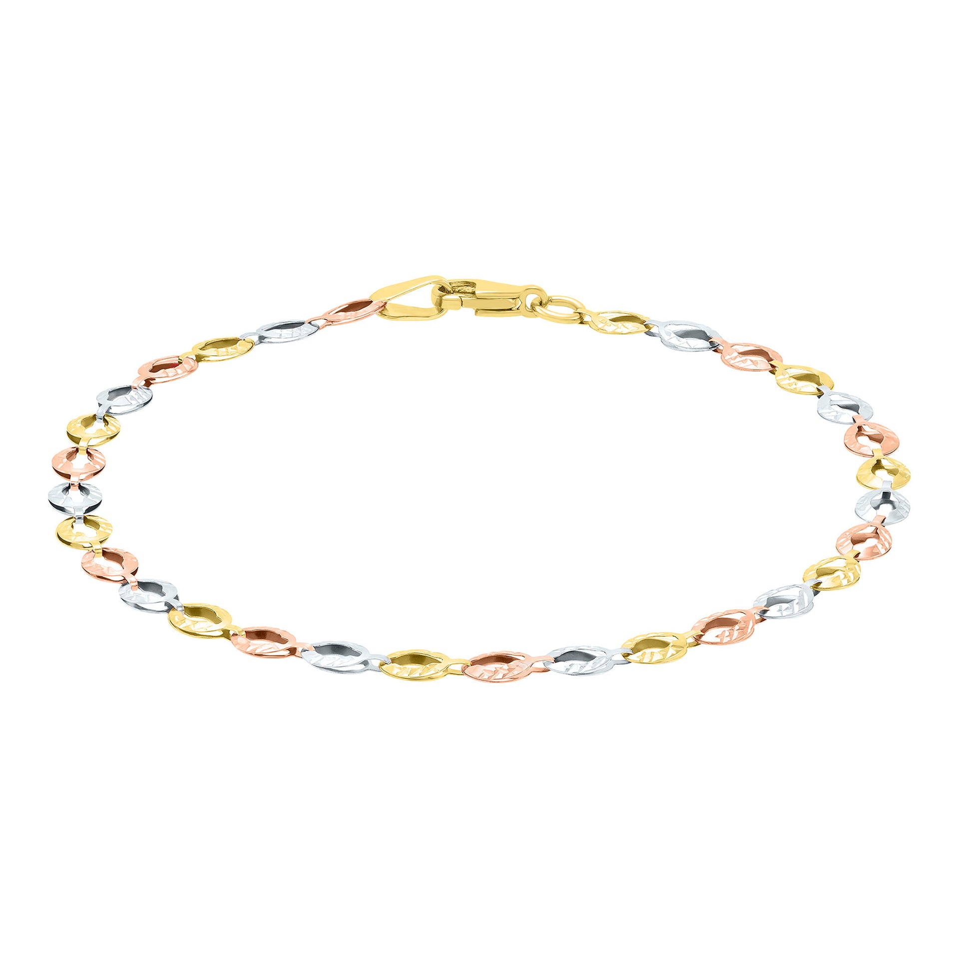 Diamond-Cut Oval Link Bracelet in 14K Yellow, White and Rose Gold, 7.5"