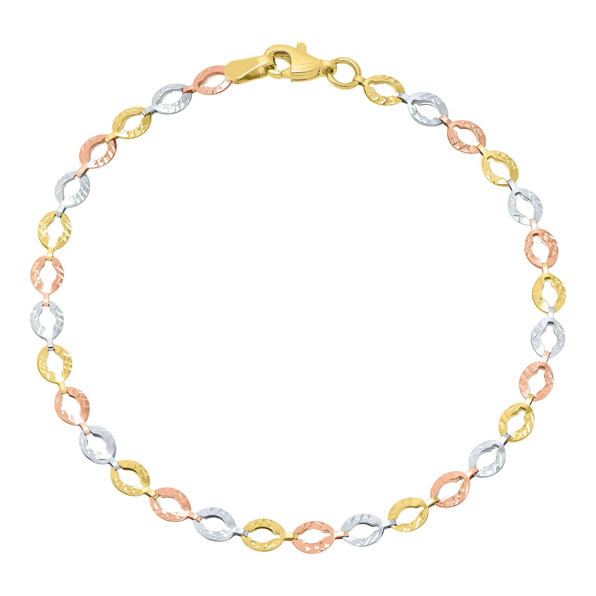 Diamond-Cut Oval Link Bracelet in 14K Yellow, White and Rose Gold, 7.5"