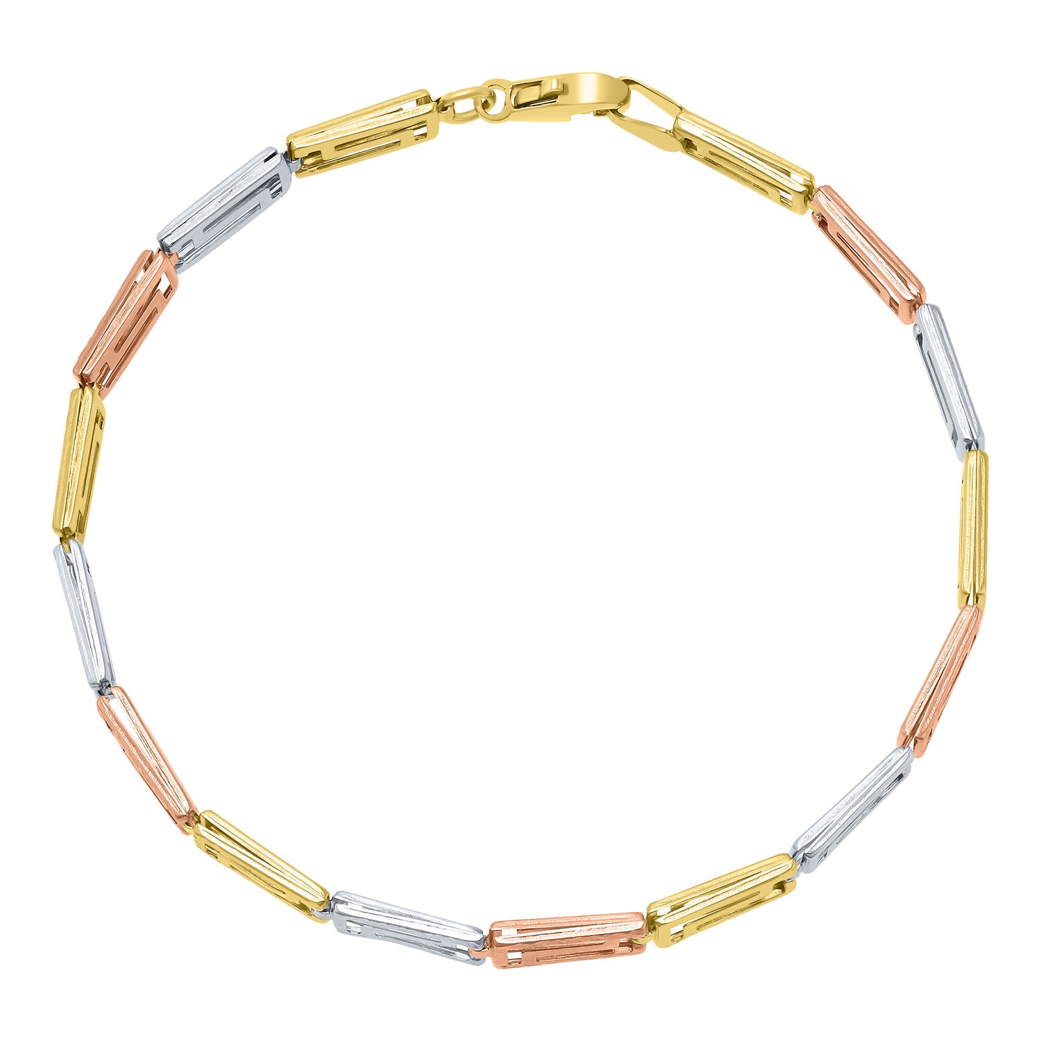 Greek Key Link Bracelet in 10K Yellow, White and Rose Gold, 7.25"