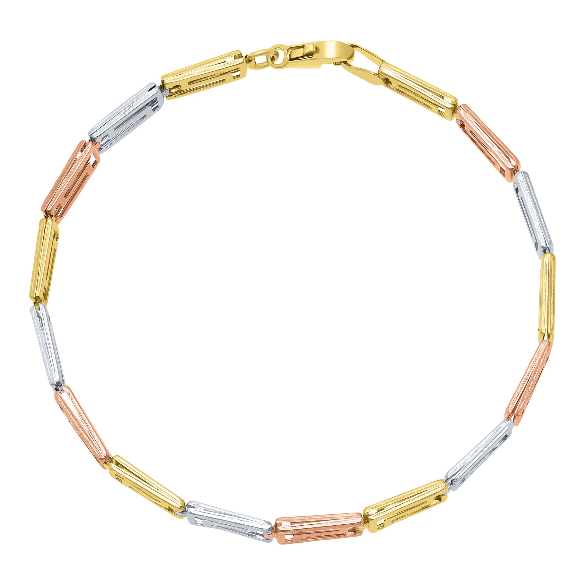 Greek Key Link Bracelet in 10K Yellow, White and Rose Gold, 7.25"
