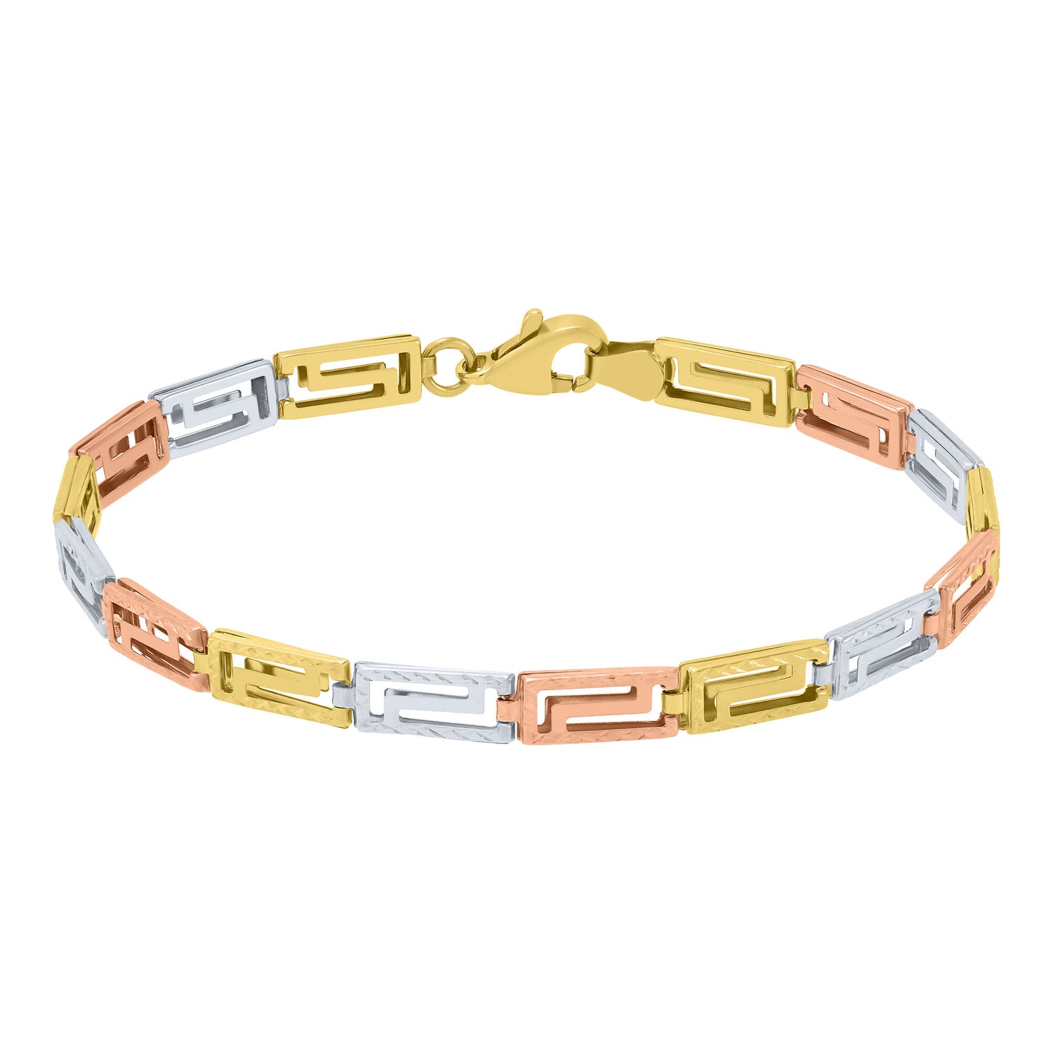 Greek Key Link Bracelet in 10K Yellow, White and Rose Gold, 7.25"