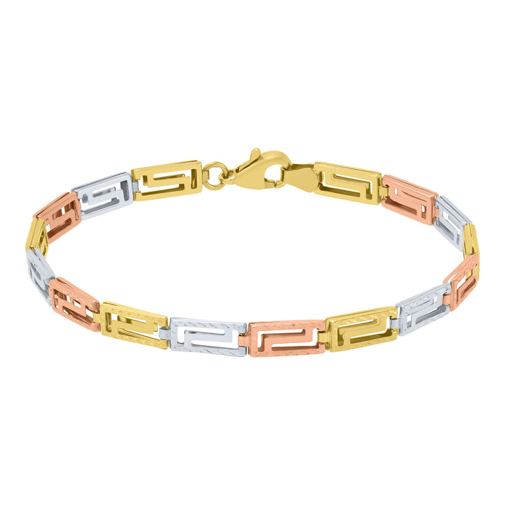 Greek Key Link Bracelet in 10K Yellow, White and Rose Gold, 7.25"