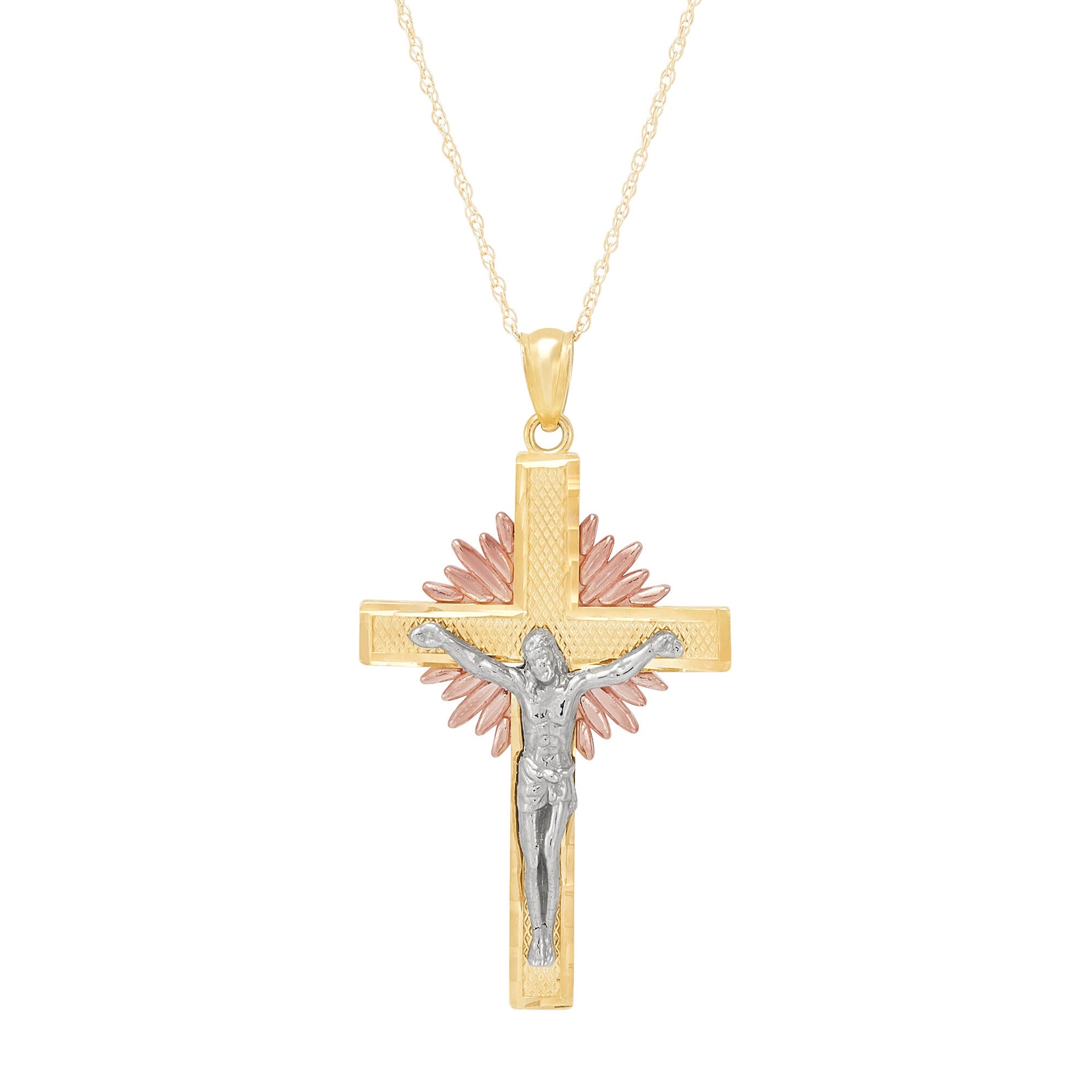 Crucifix Pendant in 10K Yellow, White and Rose Gold
