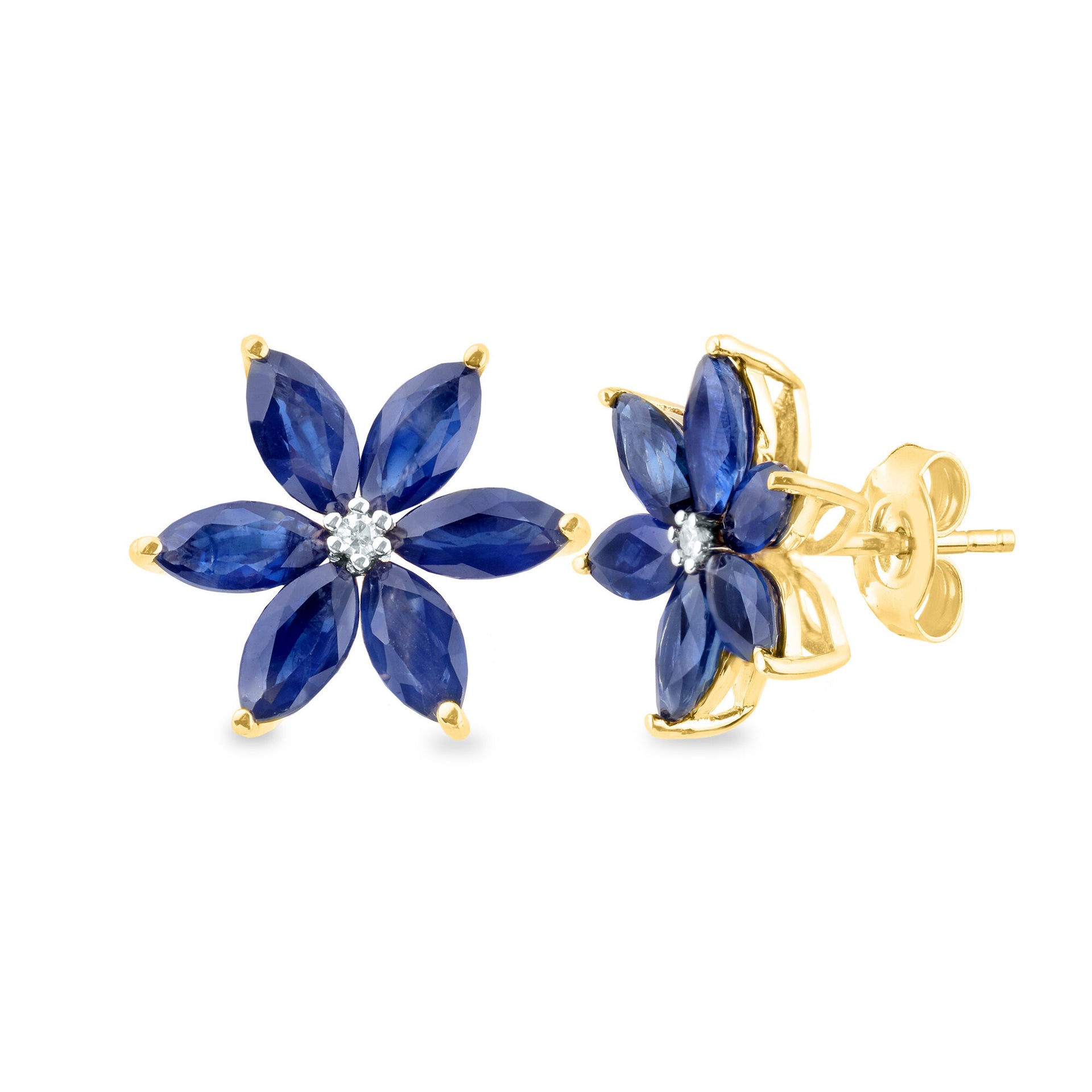 Blue Sapphire and Diamond Accent Flower Stud Earrings in 10K Yellow Gold