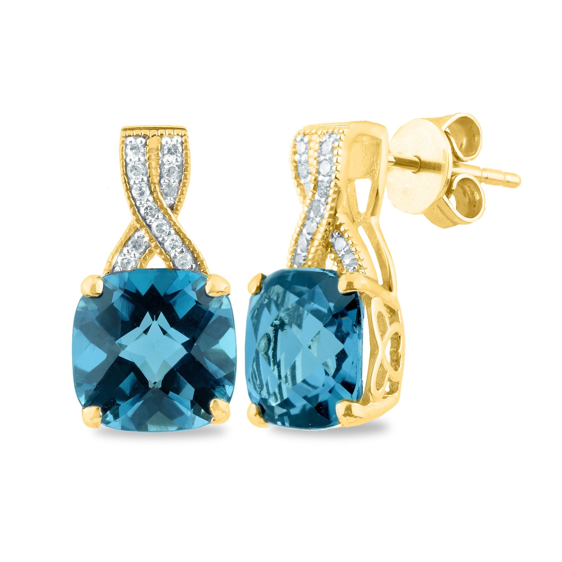 London Blue Topaz and Diamond Dangle Earrings in 14K Yellow Gold (1/10 ct. tw.)