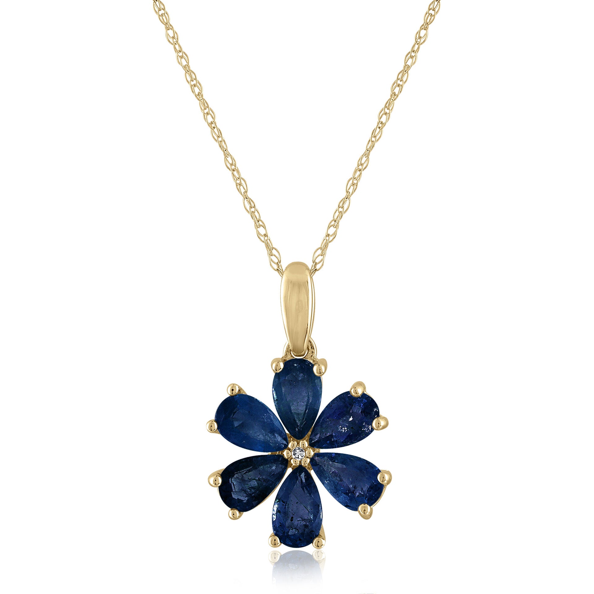 Blue Sapphire Flower Pendant with Diamond Accent in 10K Yellow Gold