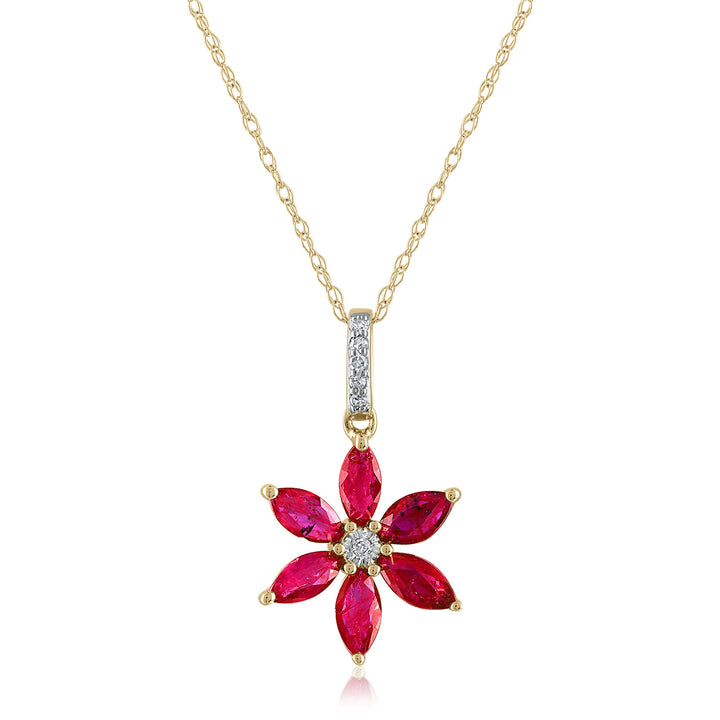 Ruby & Diamond Accent Flower Pendant in 14K Yellow Gold
