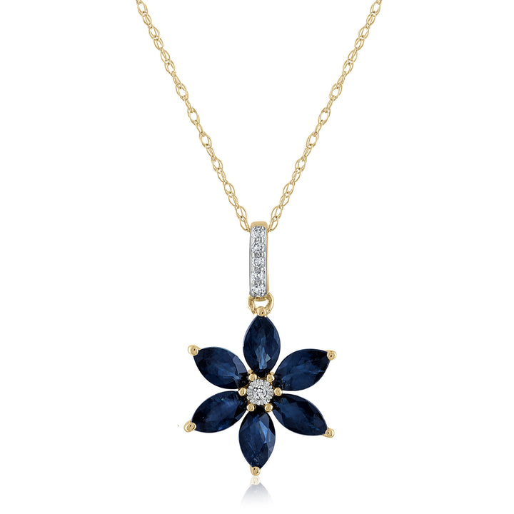 Blue Sapphire & Diamond Accent Flower Pendant in 14K Yellow Gold