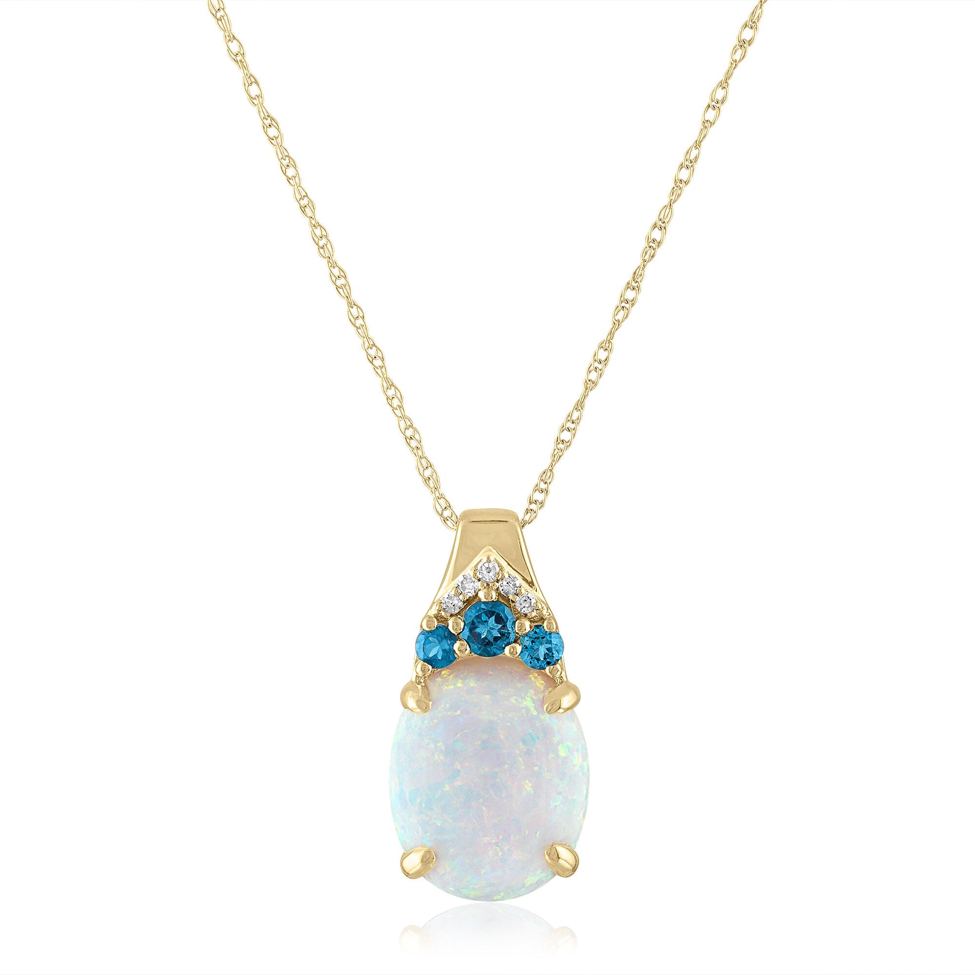 Lab-Created Opal, Blue Topaz and Diamond Accent Pendant in 14K Yellow Gold