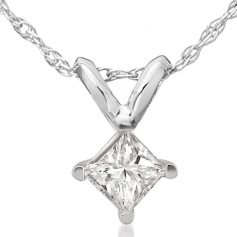 1/2 CT Princess Cut Real Diamond Solitaire Pendant Necklace 14k White Gold New