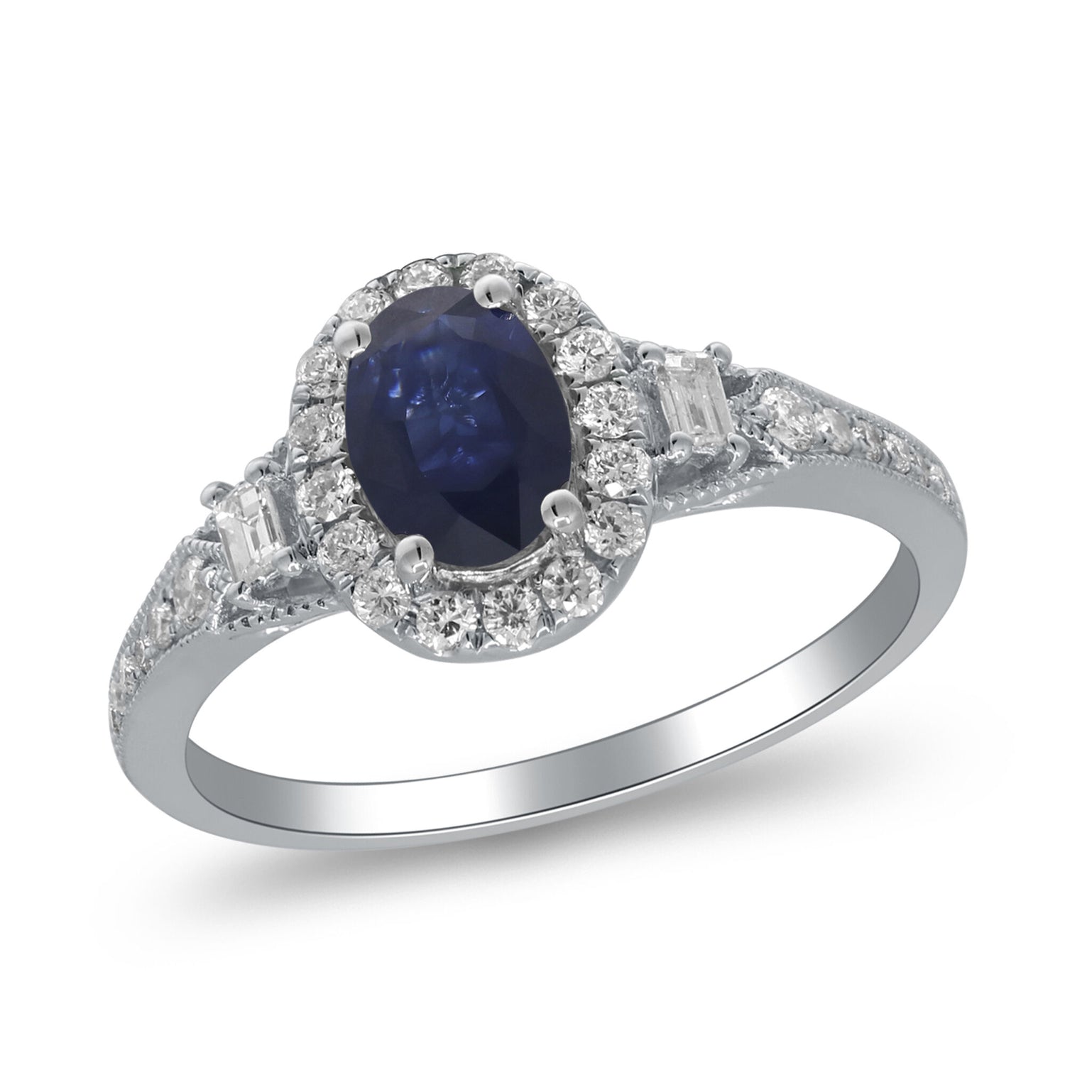 Blue Sapphire & Diamond Halo Ring in 10K White Gold (1/3 ct. tw.)