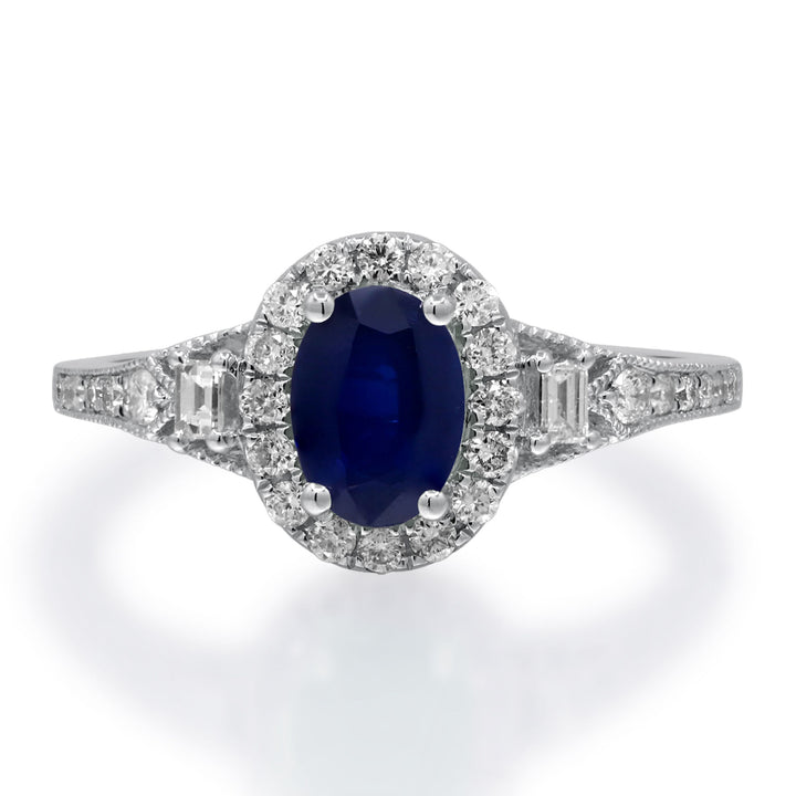 Blue Sapphire & Diamond Halo Ring in 10K White Gold (1/3 ct. tw.)