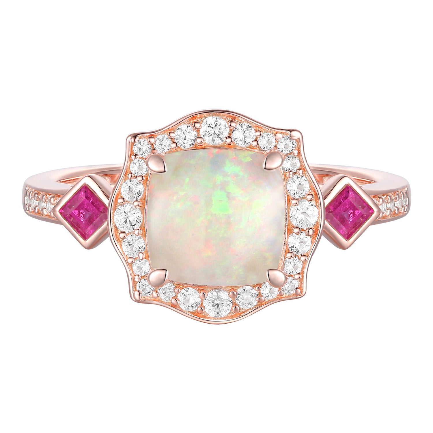 Opal, Ruby & Diamond Ring in 10K Rose Gold (1/5 ct. tw.)