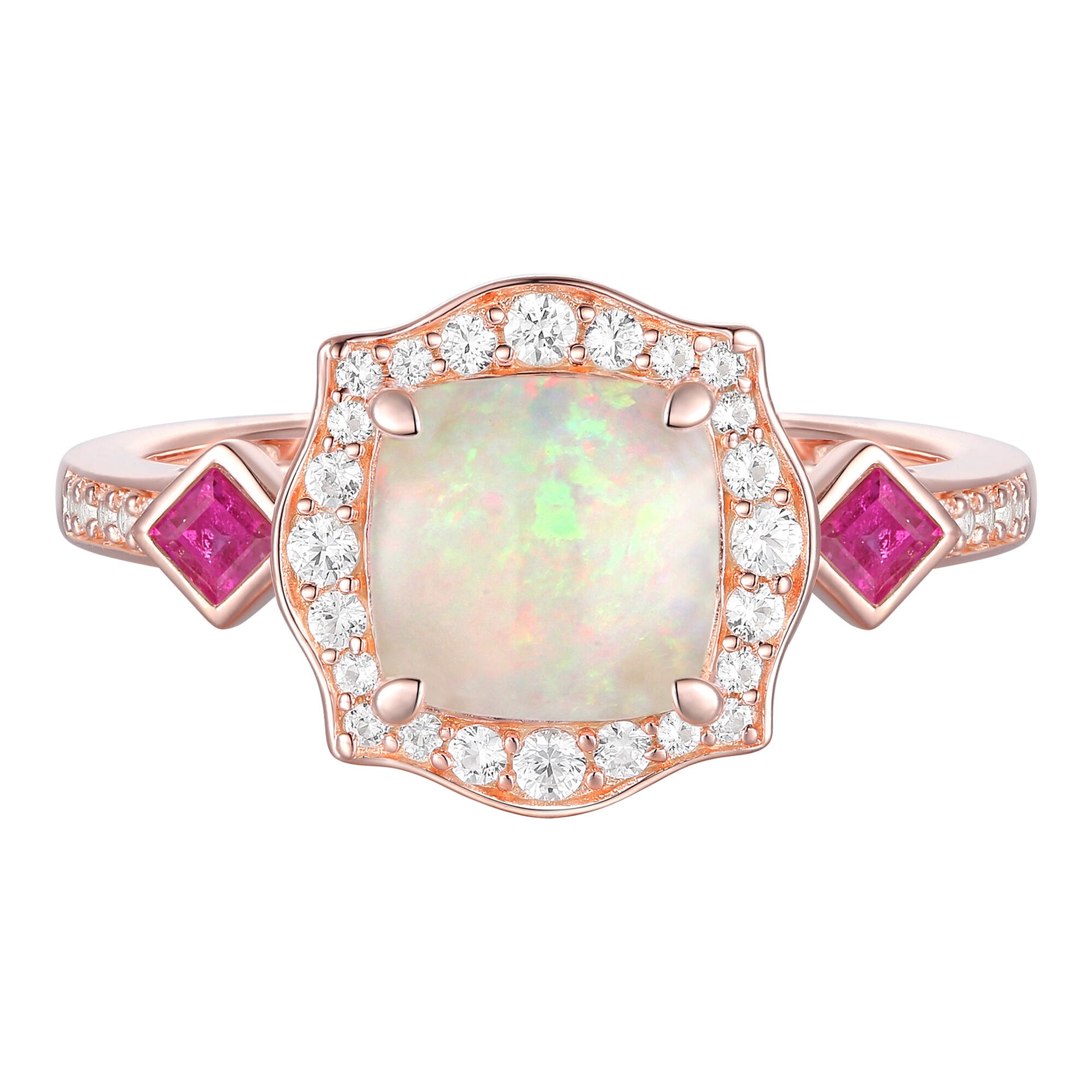Opal, Ruby & Diamond Ring in 10K Rose Gold (1/5 ct. tw.)