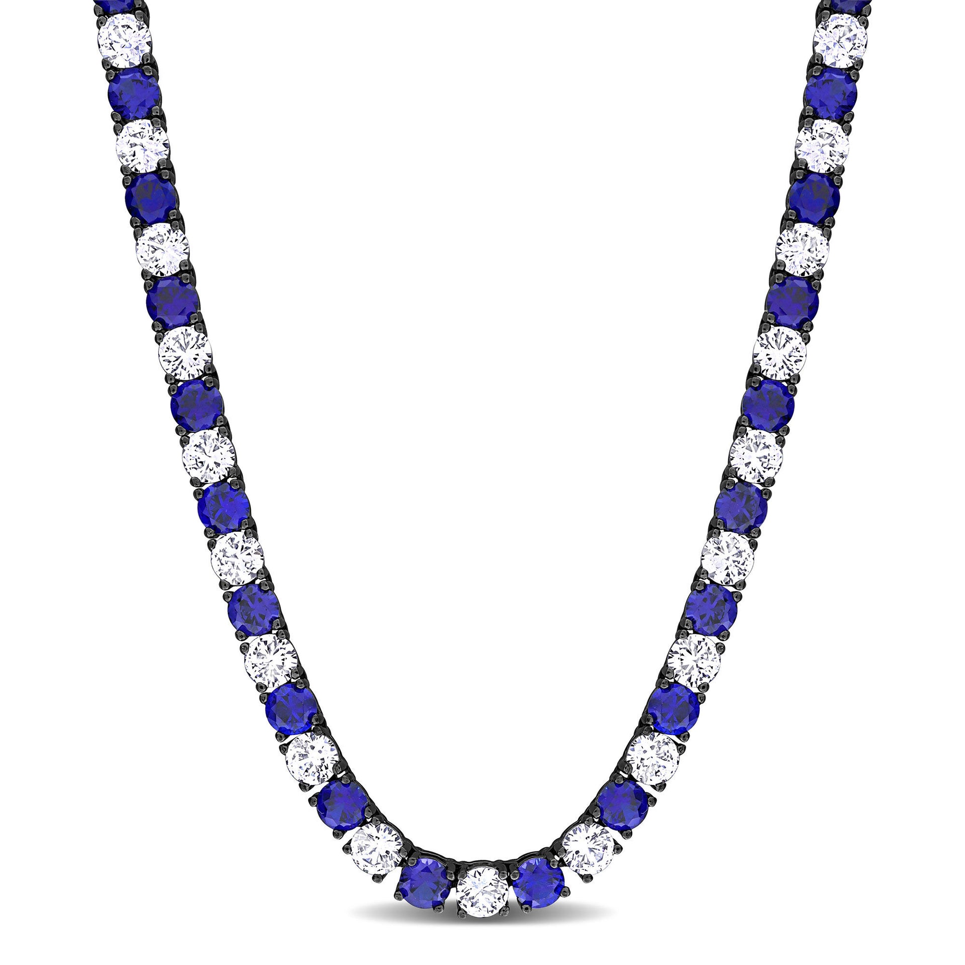 Lab-Created Blue Sapphire & Lab-Created White Sapphire Tennis Necklace in Sterling Silver & Black Rhodium
