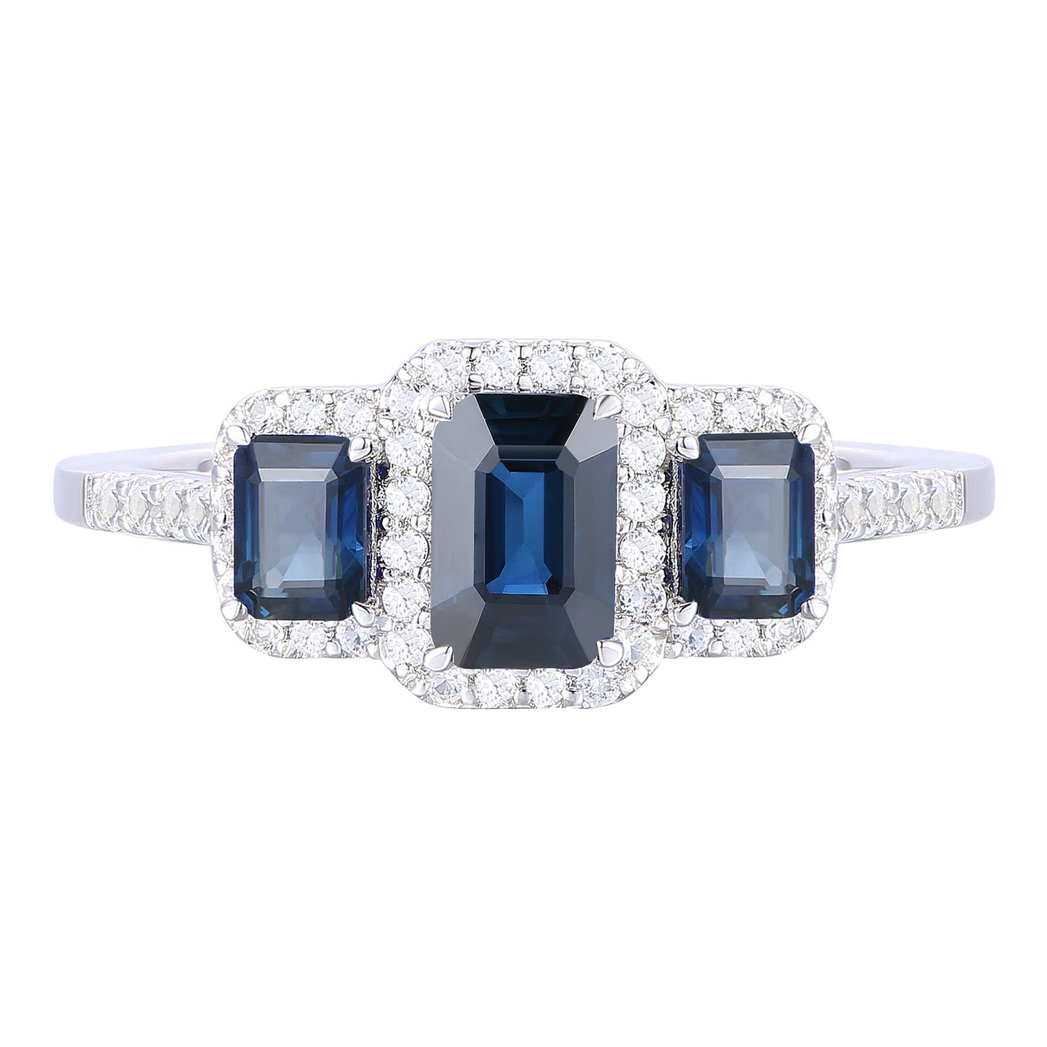 Blue Sapphire and Diamond Three-Stone Ring in 10K White Gold (1/4 ct. tw.)