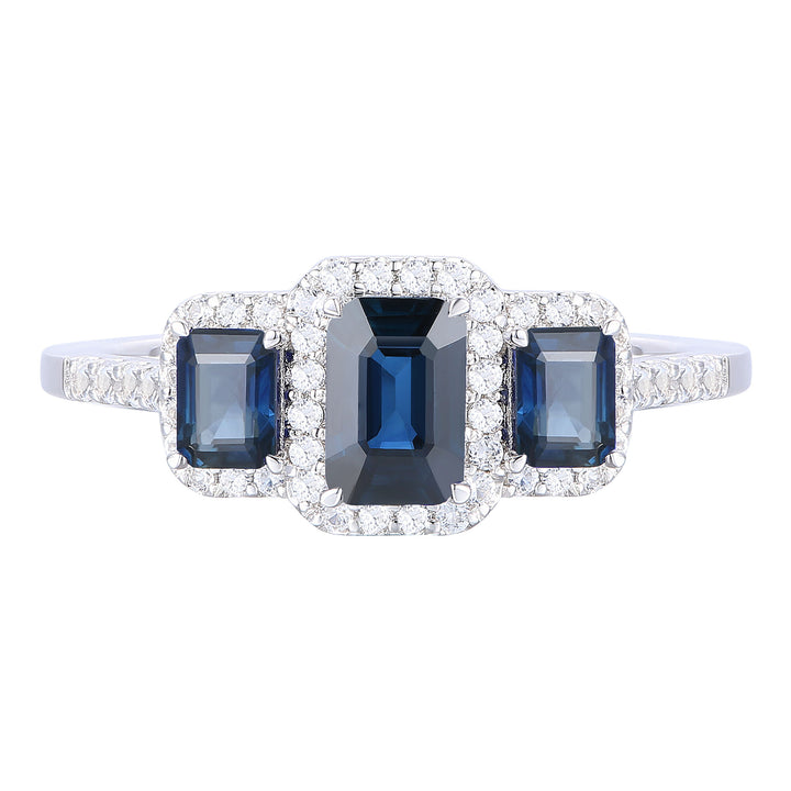 Blue Sapphire and Diamond Three-Stone Ring in 10K White Gold (1/4 ct. tw.)
