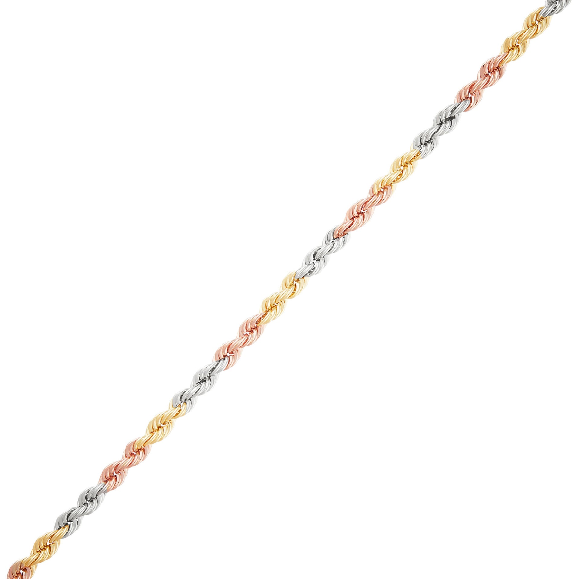 Tricolor Twisted Rope Chain in 10K Yellow, White & Rose Gold, 3MM, 18”