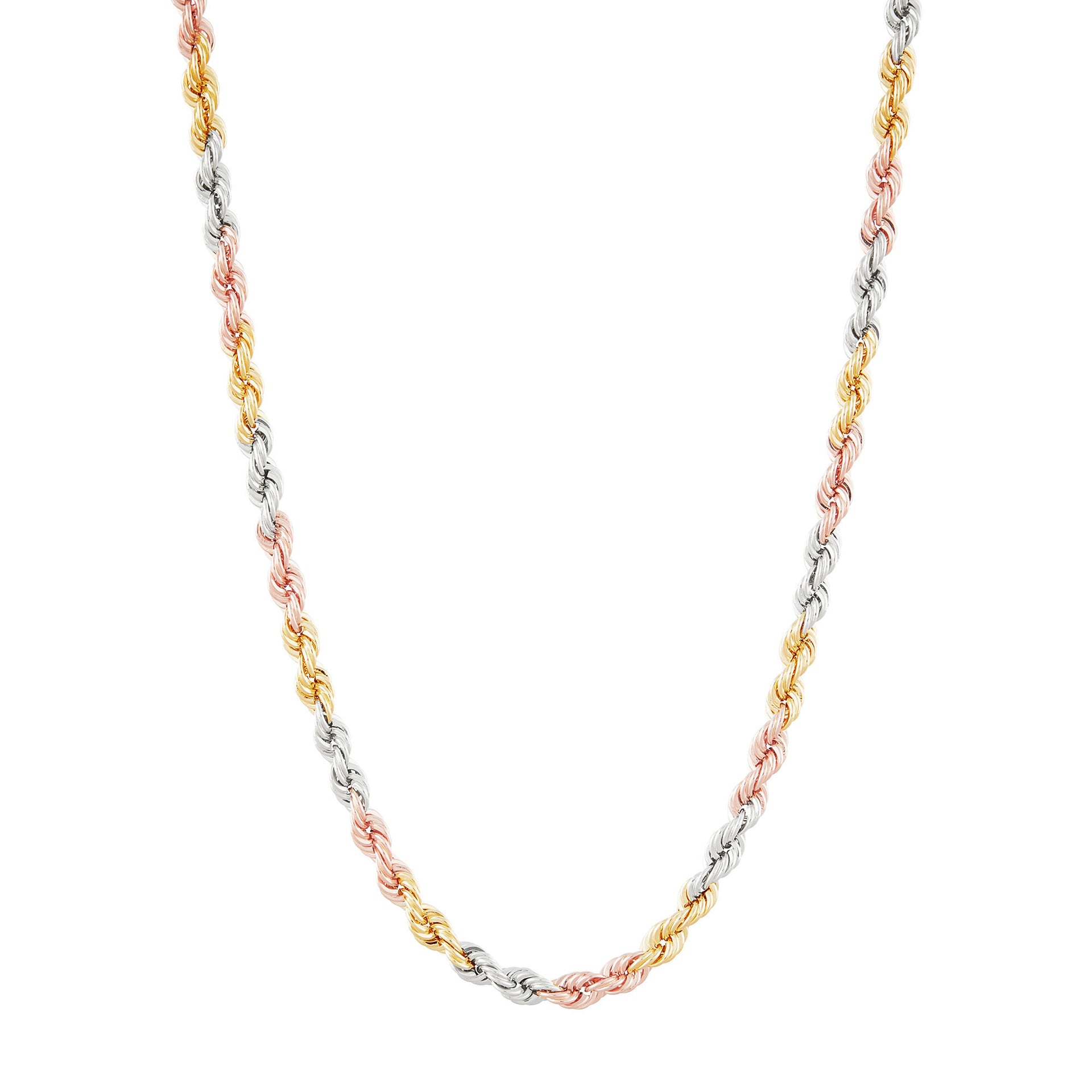 Tricolor Twisted Rope Chain in 10K Yellow, White & Rose Gold, 3MM, 18”