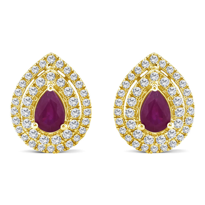 Ruby & Diamond Double Halo Stud Earrings in 14K Yellow Gold (1/2 ct. tw.)