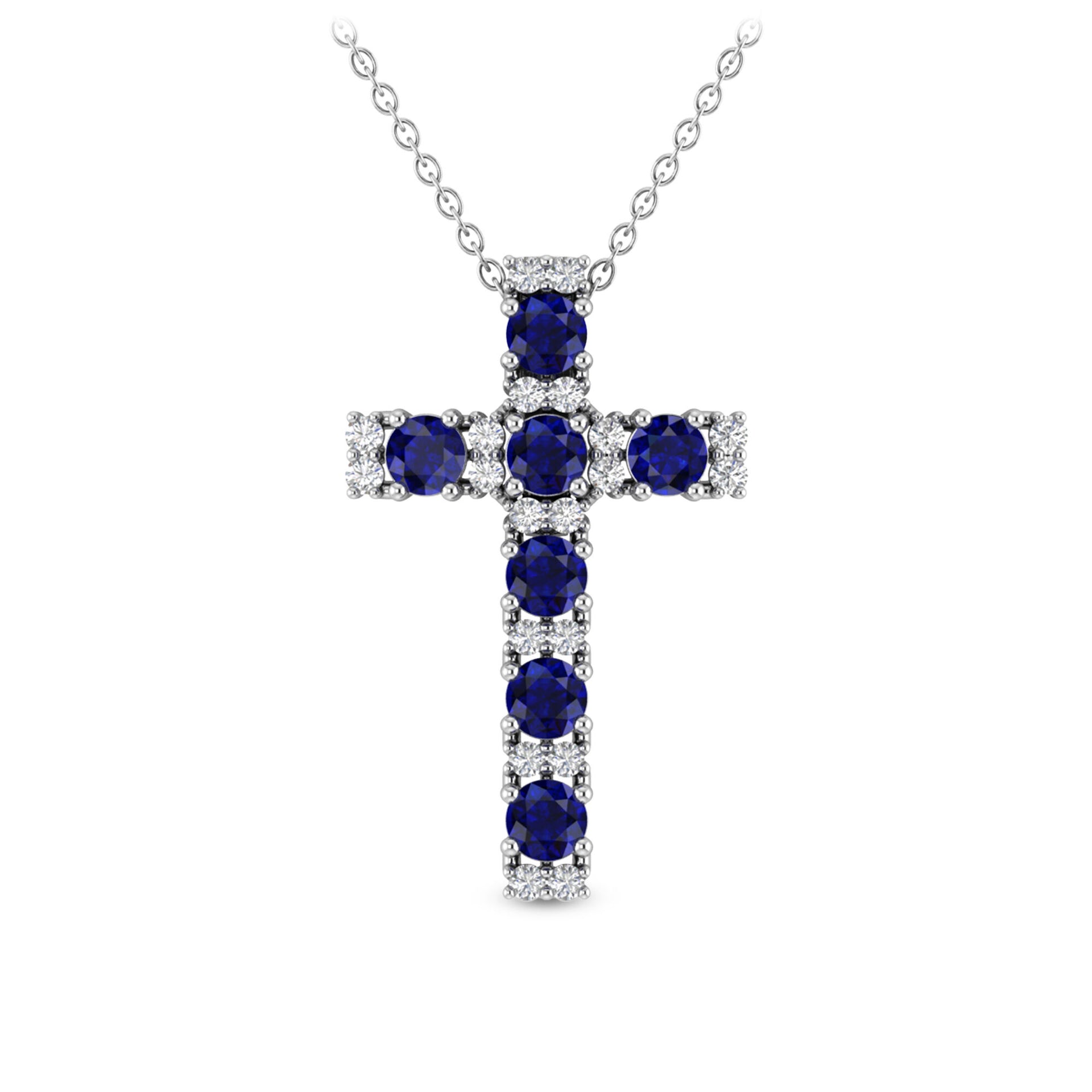 Blue Sapphire & Diamond Cross Pendant in 10K White Gold (1/10 ct. tw.)