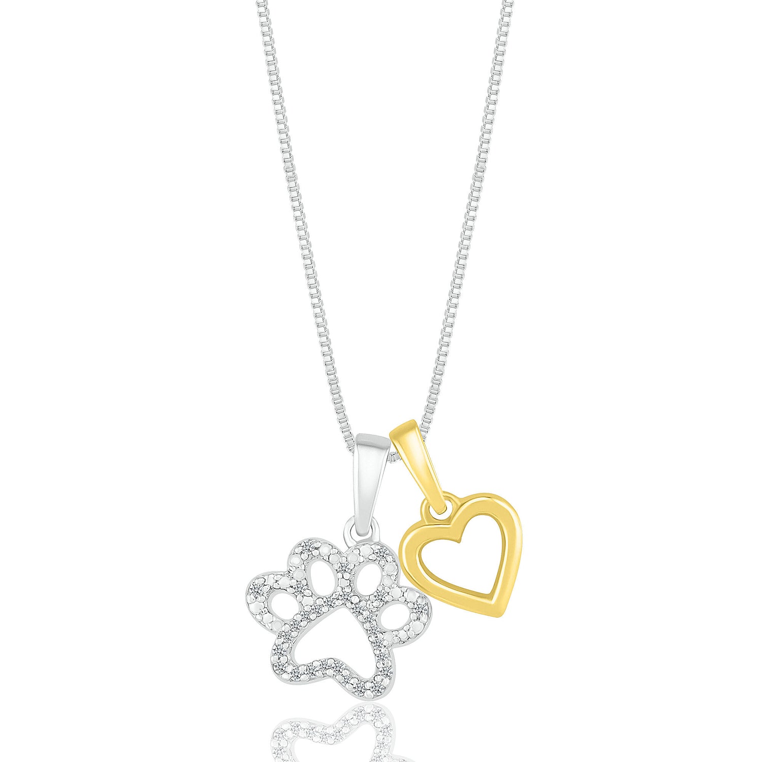 Diamond Accent Paw Print & Heart Pendant in Sterling Silver & 10K Yellow Gold