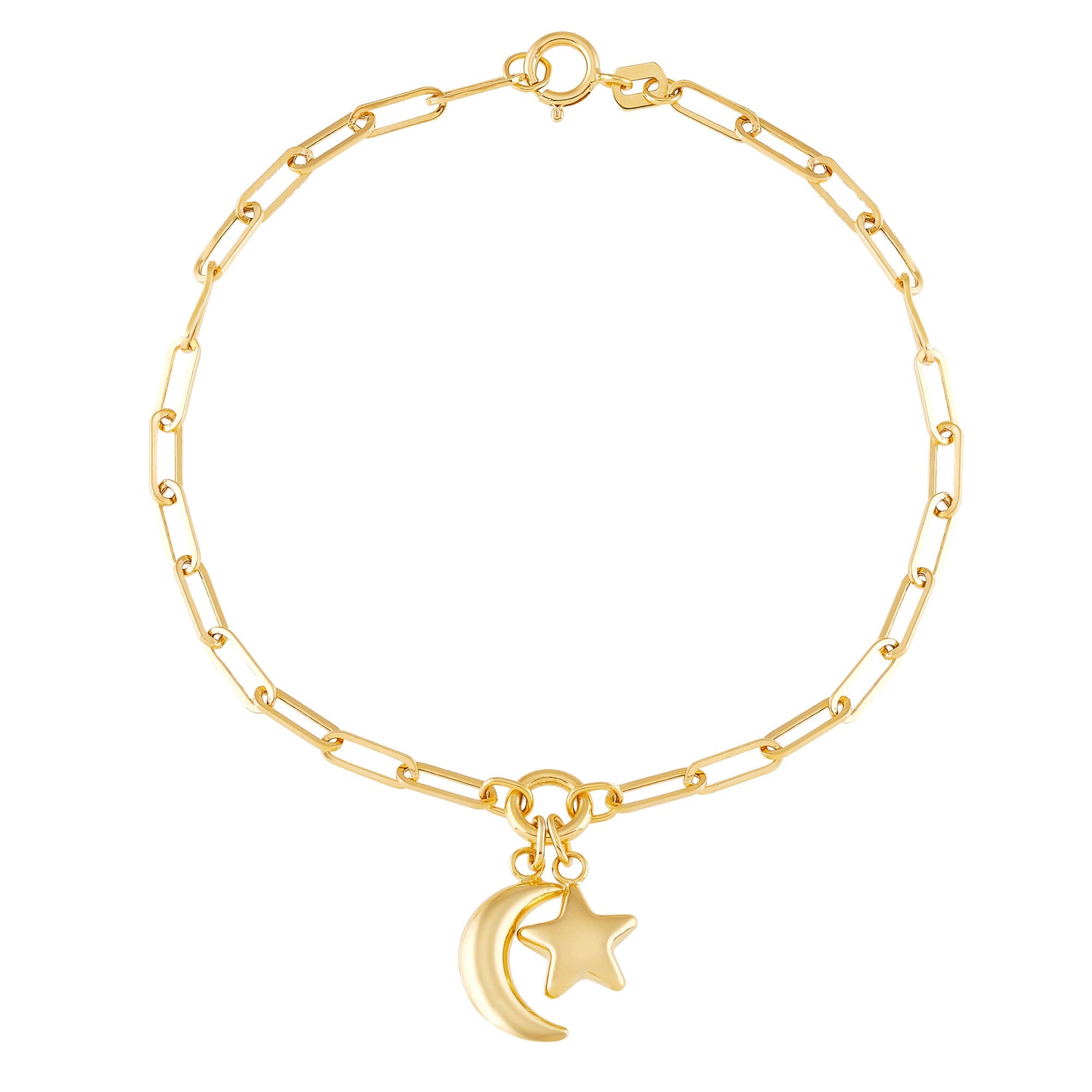 Paperclip Chain Bracelet with Moon & Star Charms in 14K Yellow Gold, 7.5”