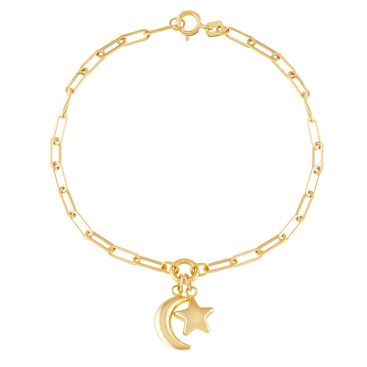 Paperclip Chain Bracelet with Moon & Star Charms in 14K Yellow Gold, 7.5”