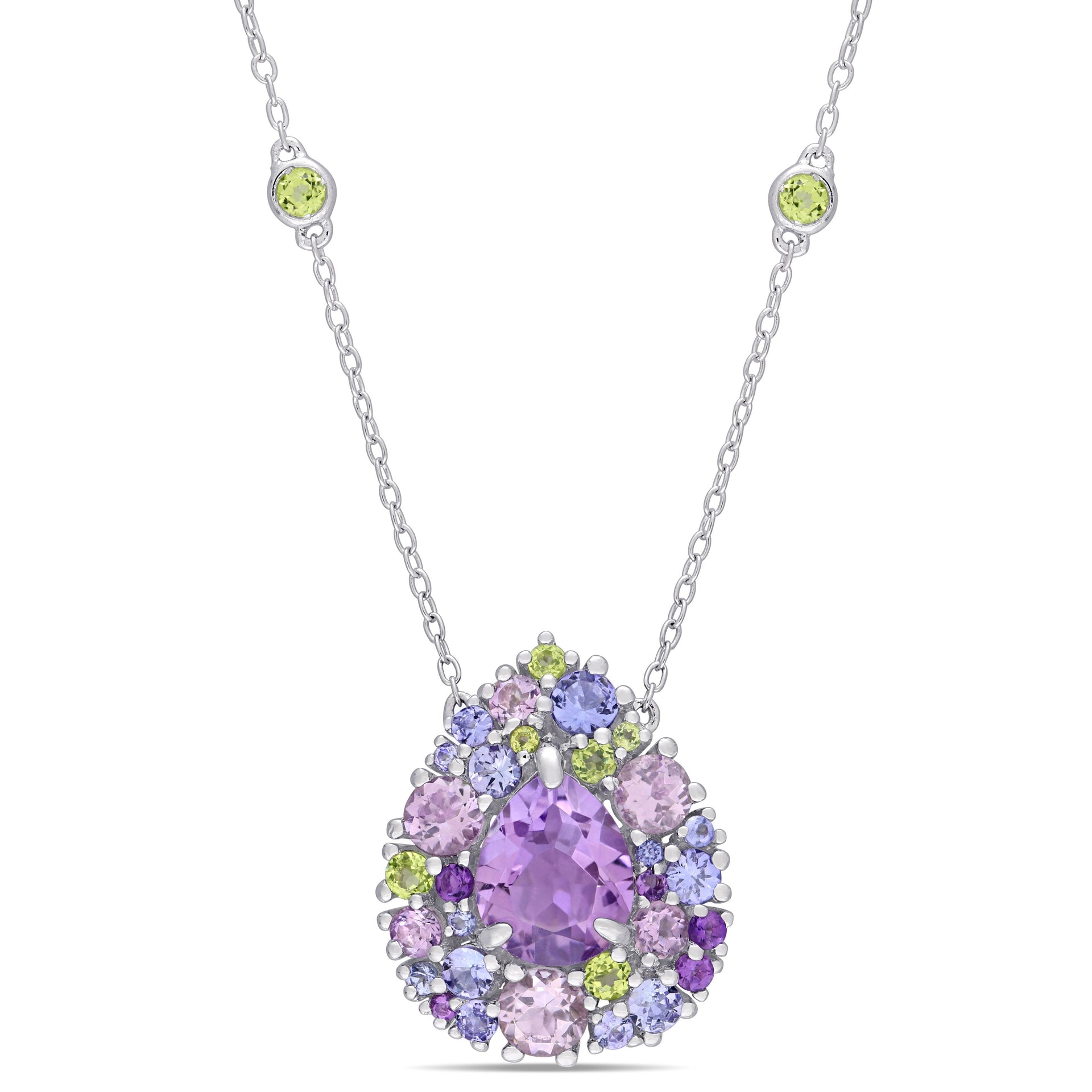 Mimi & Max 4 5/8 CT TGW Tanzanite, Rose de France, Peridot and Amethyst Mosaic Teardrop Necklace in Sterling Silver